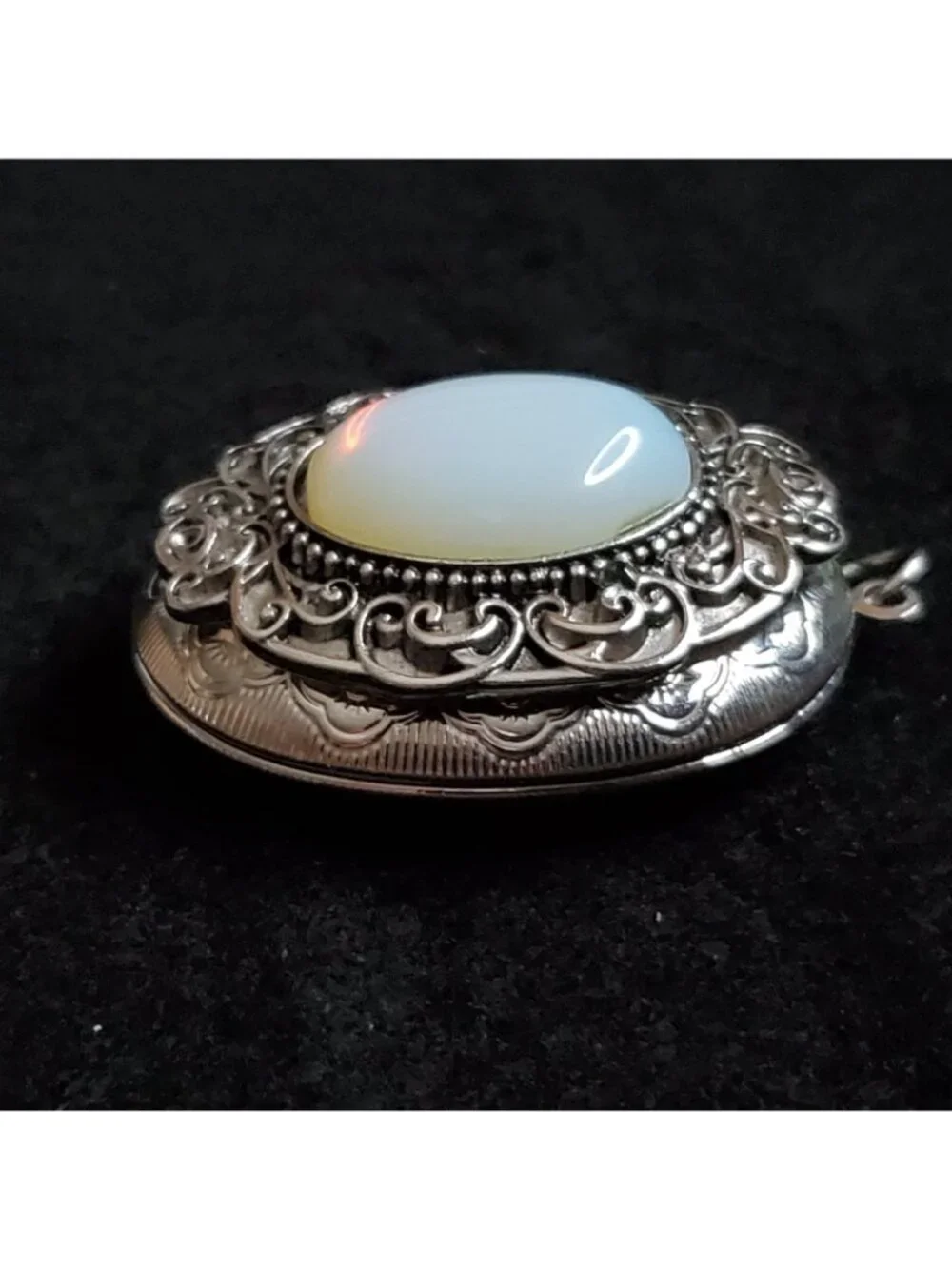 Vintage Locket Pendant Silver Tone Opalescent Cabochon 1.75